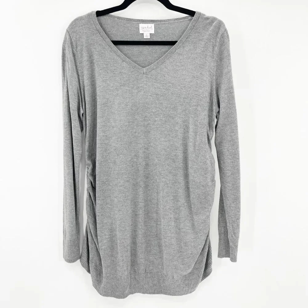 Isabel‎ Maternity V Neck Sweater Women's Size L Gray Ruched Ribbed Hem